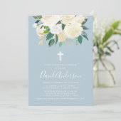 Dusty Blue Cross met Cream Florals, Boy Baptisme Kaart (Staand voorkant)
