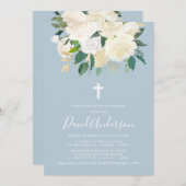 Dusty Blue Cross met Cream Florals, Boy Baptisme Kaart (Voorkant / Achterkant)