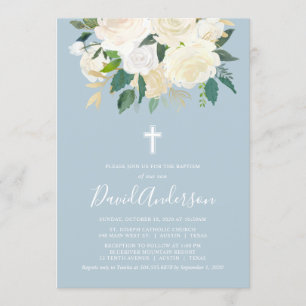 Dusty Blue Cross met Cream Florals, Boy Baptisme Kaart