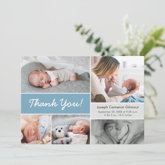 Dusty blue Custom Fotocollage Baby Jongen Geboorte Bedankkaart (Staand voorkant)