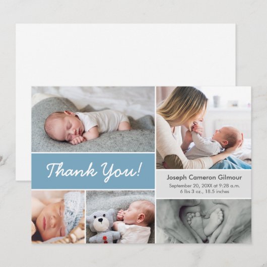 Dusty blue Custom Fotocollage Baby Jongen Geboorte Bedankkaart (Voorkant / Achterkant)