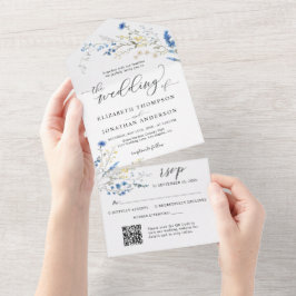 Dusty Blue Dainty Flowers Wedding Details QR RSVP All In One Uitnodiging