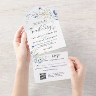 Dusty Blue Dainty Flowers Wedding Details QR RSVP All In One Uitnodiging