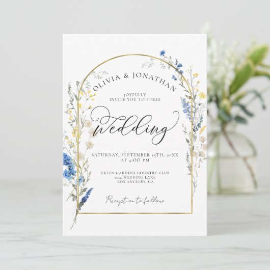 Dusty Blue Dainty Gold Alles in 1 Budget QR Huweli Kaart (Staand voorkant)