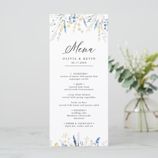 Dusty Blue Dainty Wild Floral Rustic Boho Wedding Menu (Staand voorkant)