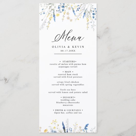 Dusty Blue Dainty Wild Floral Rustic Boho Wedding Menu (Voorkant)