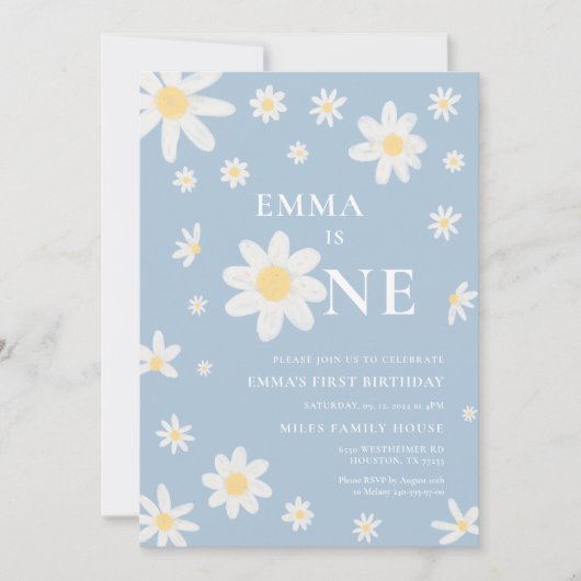 Dusty Blue Daisy Eerste 1e Verjaardag uitnodiging (Voorkant)