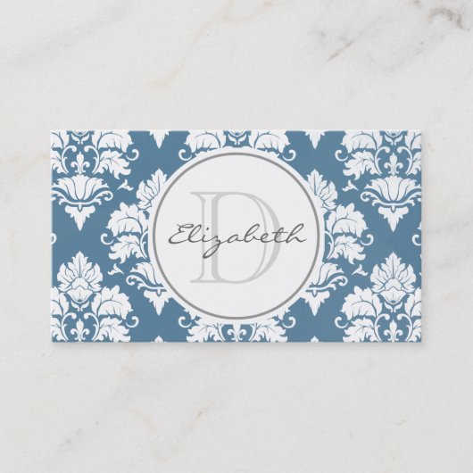 Dusty Blue Damask Monogram Appointcard Afsprakenkaartje (Voorkant)