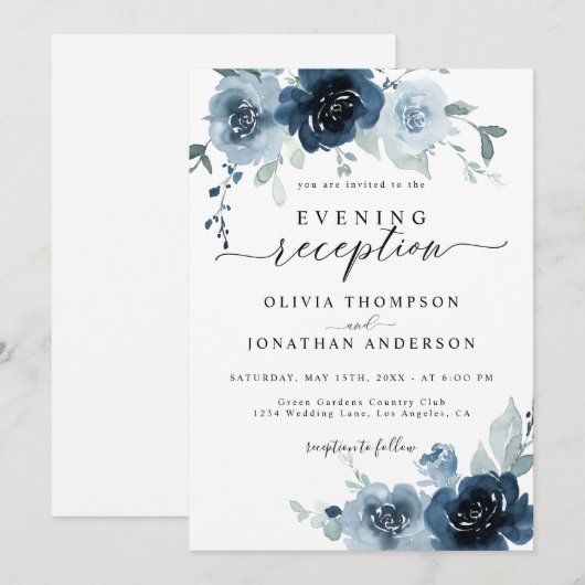 Dusty Blue Dark Navy Bloemen Waterverf Bruiloft Kaart (Voorkant / Achterkant)