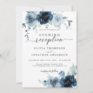 Dusty Blue Dark Navy Bloemen Waterverf Bruiloft Kaart