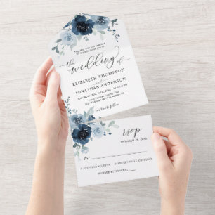 Dusty Blue Dark Navy Floral Wedding Details RSVP All In One Uitnodiging