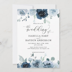 Dusty Blue Dark Navy Slate Floral Pastel Wedding Kaart