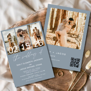 Dusty Blue De bruiloft van foto QR code Elegant Kaart