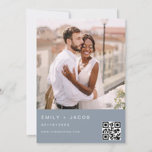 Dusty Blue De bruiloft van kalligrafie QR-code Kaart (Achterkant)