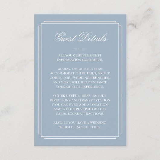 Dusty Blue Deco Wedding Guest Details Informatiekaartje (Voorkant)