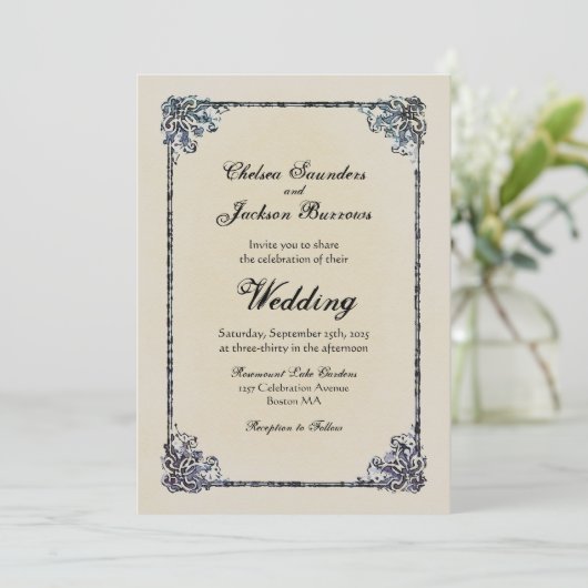 Dusty Blue  Decorative Border Wedding Kaart (Staand voorkant)