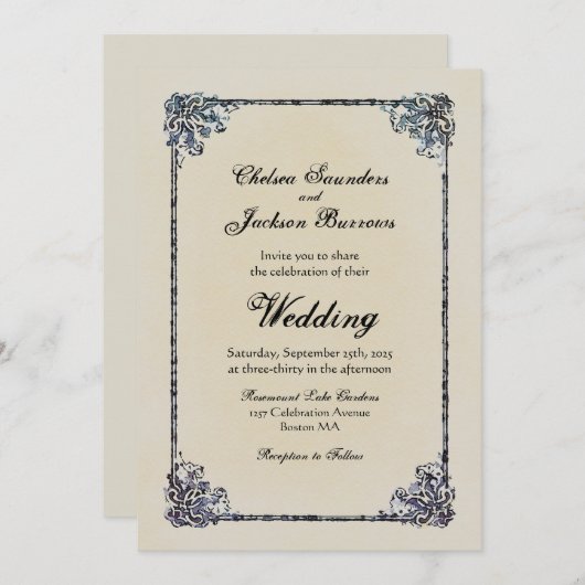 Dusty Blue  Decorative Border Wedding Kaart (Voorkant / Achterkant)