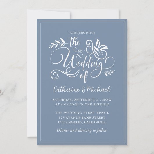 Dusty Blue Decorative Wedding Calligraphy Kaart (Voorkant)