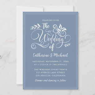 Dusty Blue Decorative Wedding Calligraphy Kaart
