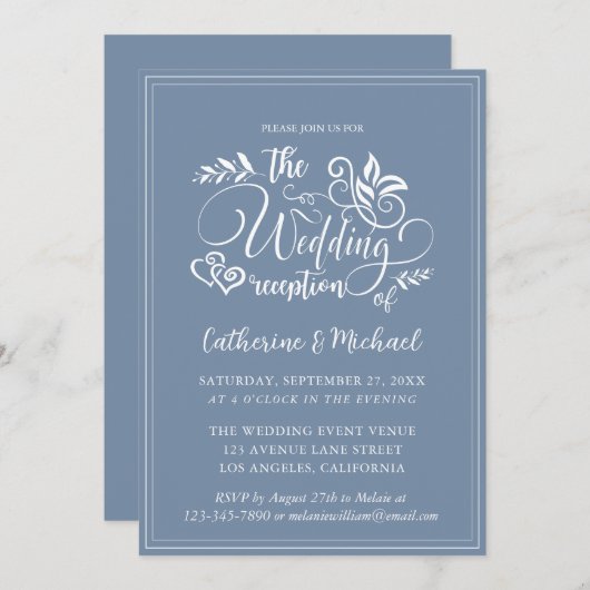 Dusty Blue Decorative Wedding Calligraphy Kaart (Voorkant / Achterkant)