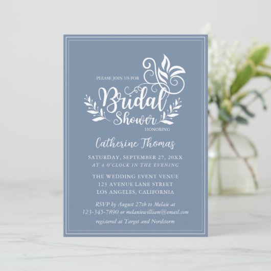Dusty Blue Decorative Wedding Calligraphy Kaart (Staand voorkant)