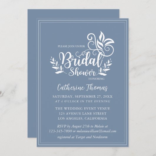 Dusty Blue Decorative Wedding Calligraphy Kaart (Voorkant / Achterkant)