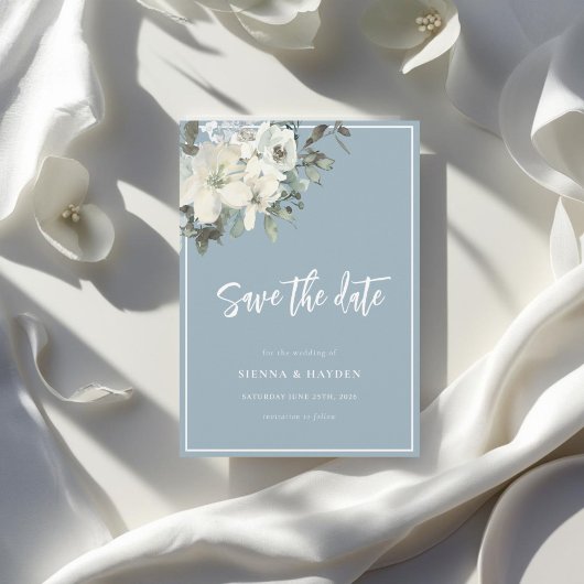 Dusty Blue Delicate Floral Save The Date Card