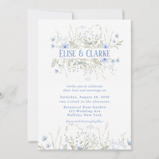 Dusty Blue Delicate Wildflower Wedding Uitnodiging (Voorkant)