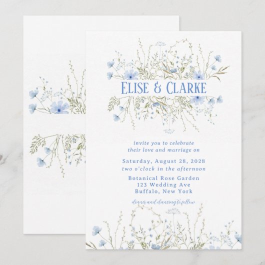Dusty Blue Delicate Wildflower Wedding Uitnodiging (Voorkant / Achterkant)