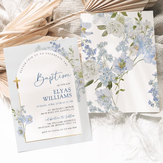 Dusty Blue Delphinium Bloemen Boog Jongen Doop Kaart