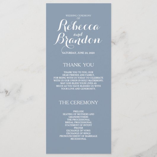 Dusty Blue Designer Script Custom Wedding Program Programmakaart (Voorkant)