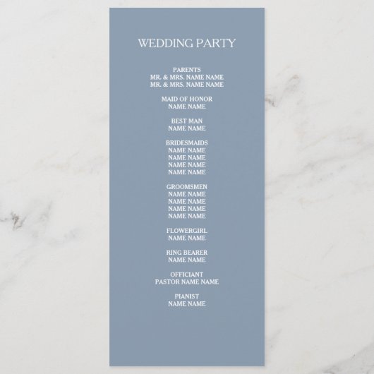 Dusty Blue Designer Script Custom Wedding Program Programmakaart (Achterkant)