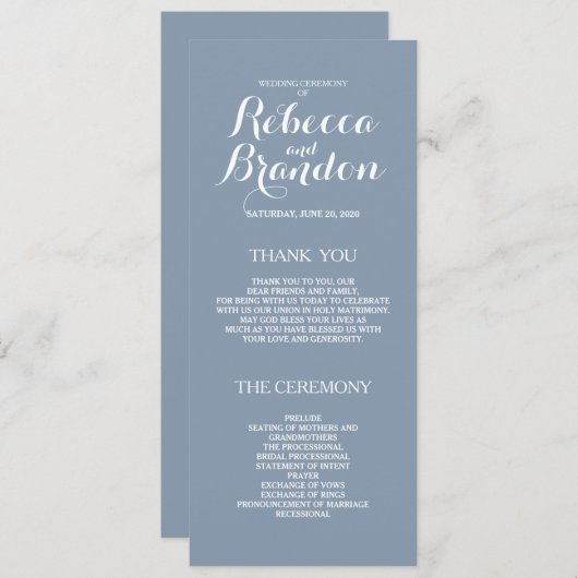 Dusty Blue Designer Script Custom Wedding Program Programmakaart (Voorkant / Achterkant)