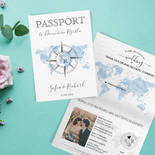 Dusty Blue Destination Bruiloft Wereldkaart Paspoo