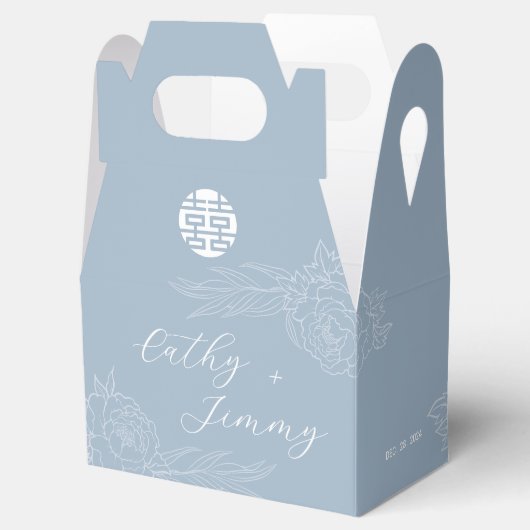 Dusty Blue Double Happiness Pioenenbruiloft Bedankdoosjes (Geopend)