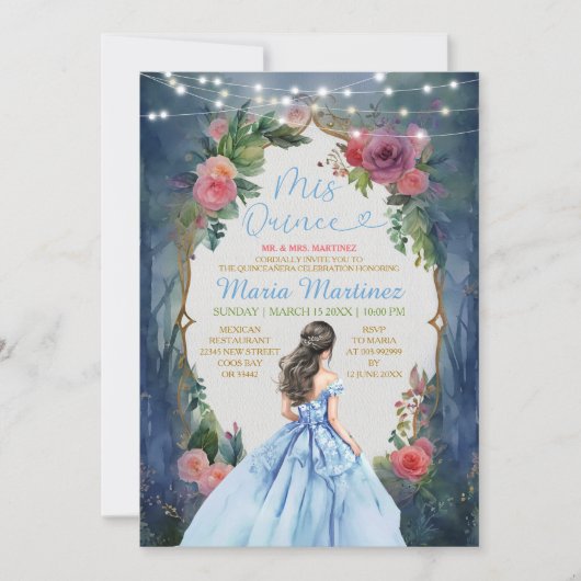 Dusty Blue Dress Dark Forest Floral Mis Quince Kaart (Voorkant)