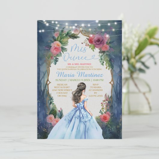 Dusty Blue Dress Dark Forest Floral Mis Quince Kaart (Staand voorkant)