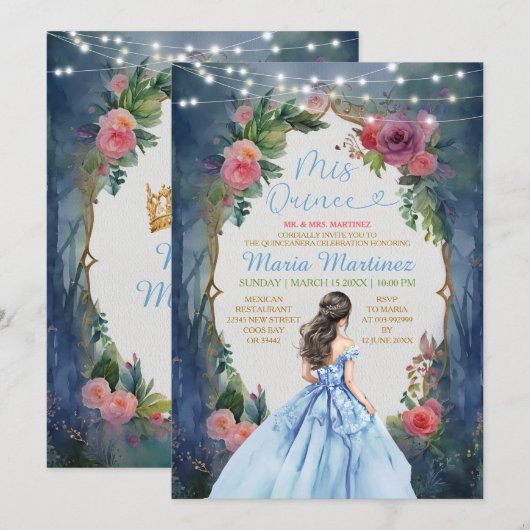 Dusty Blue Dress Dark Forest Floral Mis Quince Kaart (Voorkant / Achterkant)