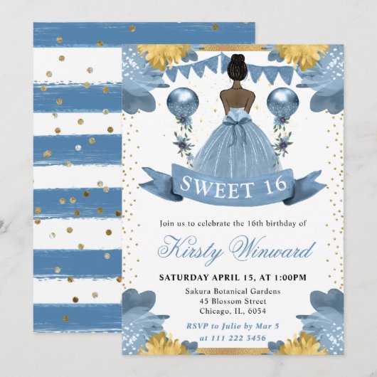 Dusty Blue Dress Dark Skin Princess Sweet 16 Kaart (Voorkant / Achterkant)