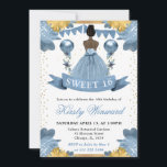 Dusty Blue Dress Dark Skin Princess Sweet 16 Kaart<br><div class="desc">Elegante waterverf dark skin princess in stoffig blauw dressontwerp met blauw- en goudbloemen,  ballonnen en gouden glitter confetti.</div>