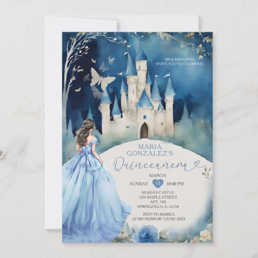 Dusty Blue Dress Forest Zilver Kasteel Quiñceanera Kaart (Voorkant)