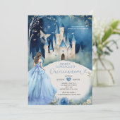 Dusty Blue Dress Forest Zilver Kasteel Quiñceanera Kaart (Staand voorkant)