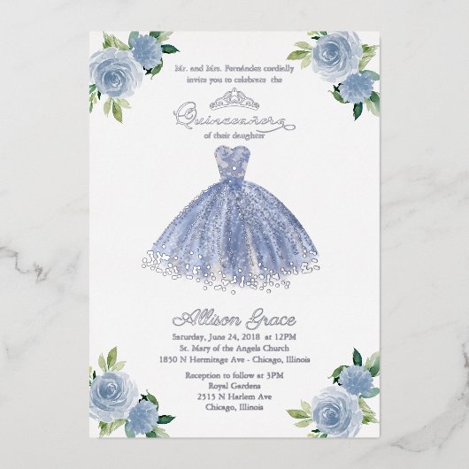 Dusty Blue Dress Quinceanera Folie Uitnodiging (Voorkant)