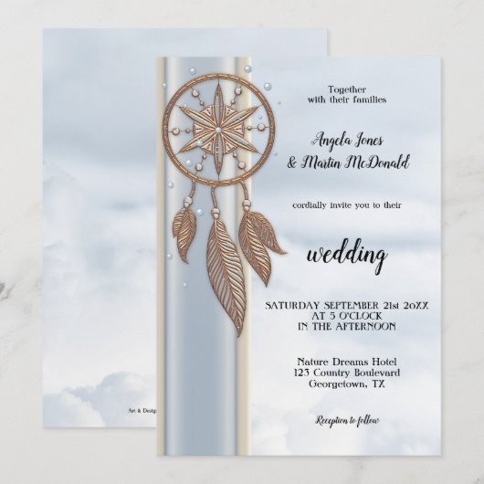 Dusty Blue Drocatcher Wedding Invitation Kaart (Voorkant / Achterkant)