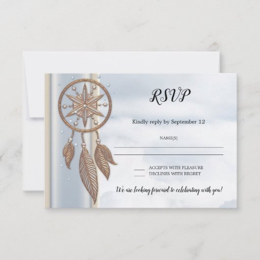 Dusty Blue Drocatcher Wedding RSVP Card Kaart (Voorkant)