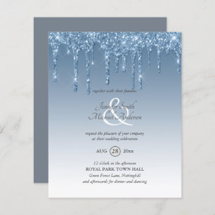 Dusty Blue-druppelbruin Glitter Wedding Invite