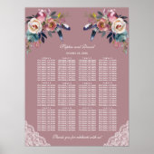 Dusty Blue Dusty Roos Floral Wedding Seating Chart Poster (Voorkant)