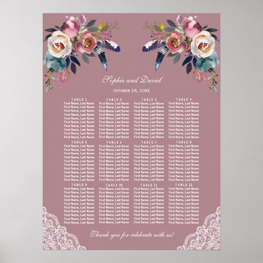 Dusty Blue Dusty Roos Floral Wedding Seating Chart Poster