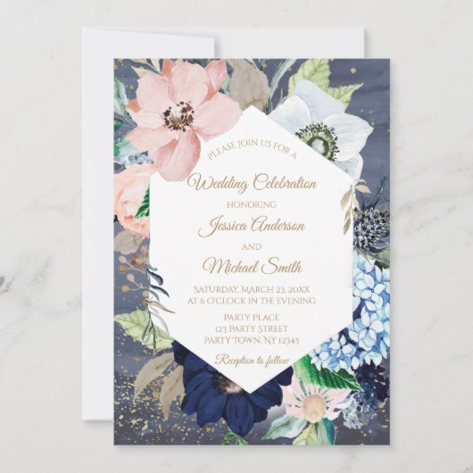 Dusty Blue Dusty Roos Gold Floral Weddencard Kaart (Voorkant)