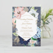 Dusty Blue Dusty Roos Gold Floral Weddencard Kaart (Staand voorkant)